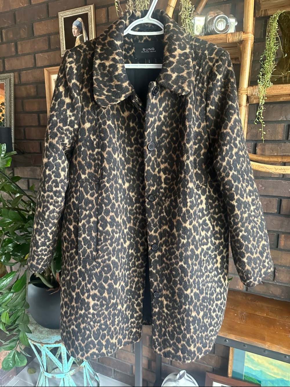 ALFRED SUNG Leopard Print Pea Coat in Brown and Black